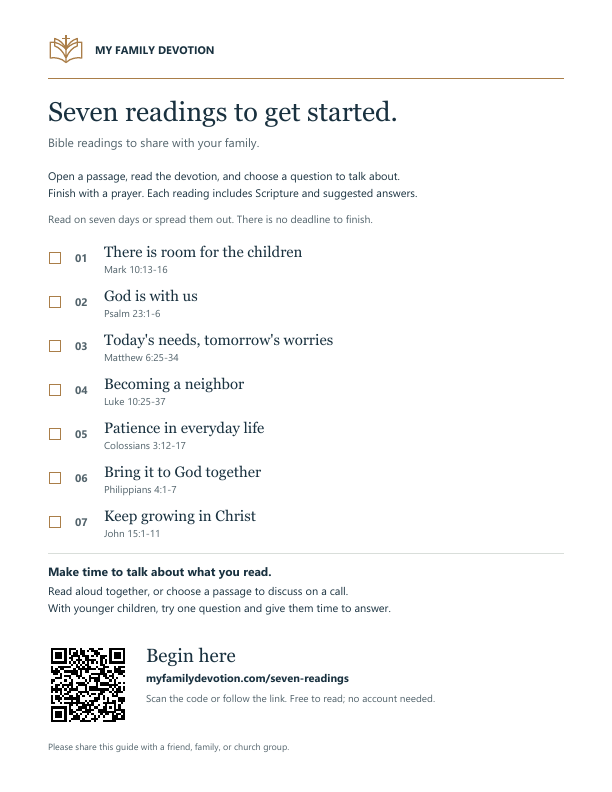 Preview of the one-page guide, with seven passages and a QR code to open the readings.
